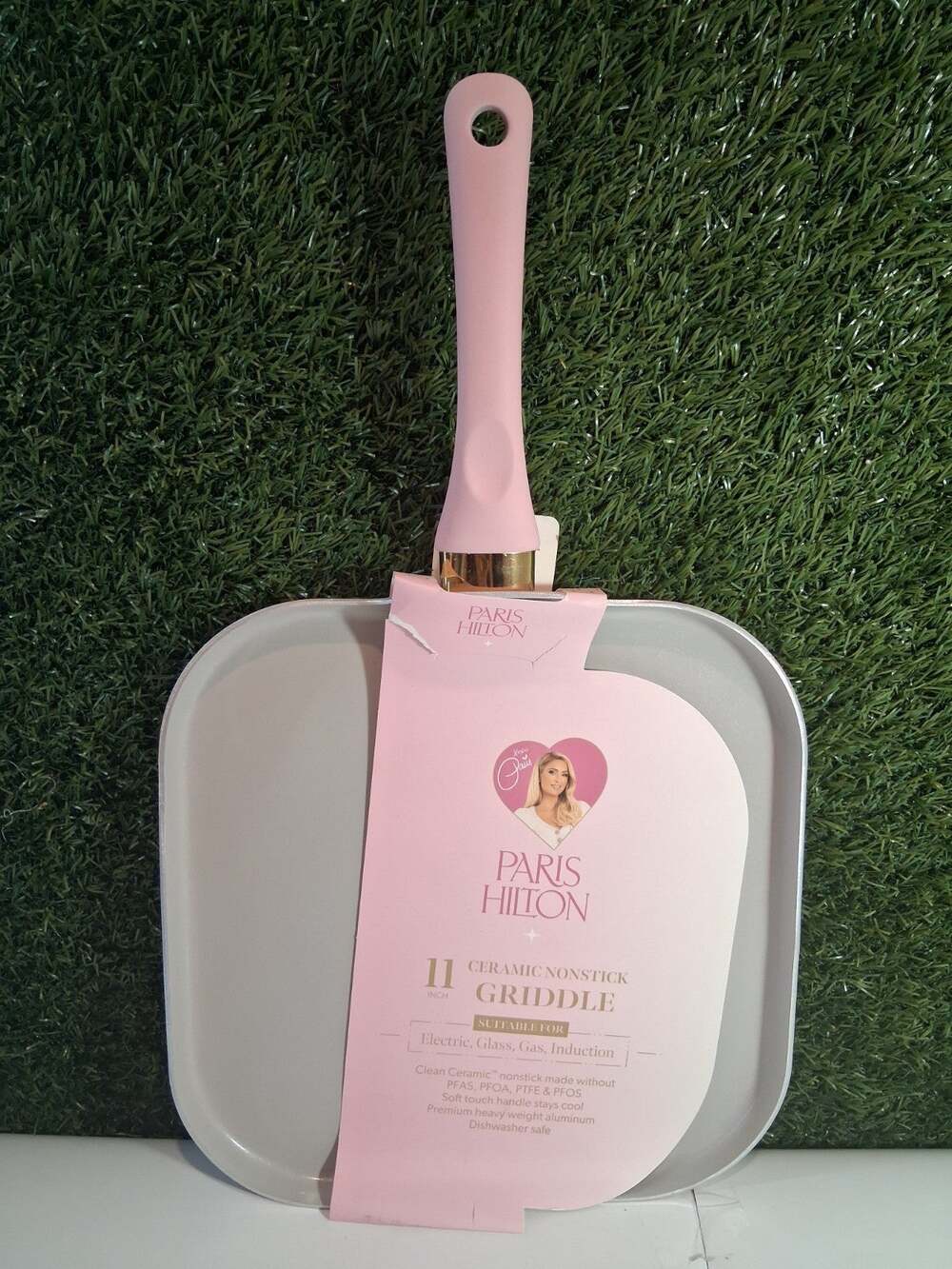Paris Hilton 11" Square Griddle Pan Pink Ceramic Nonstick Cast Aluminum NIB